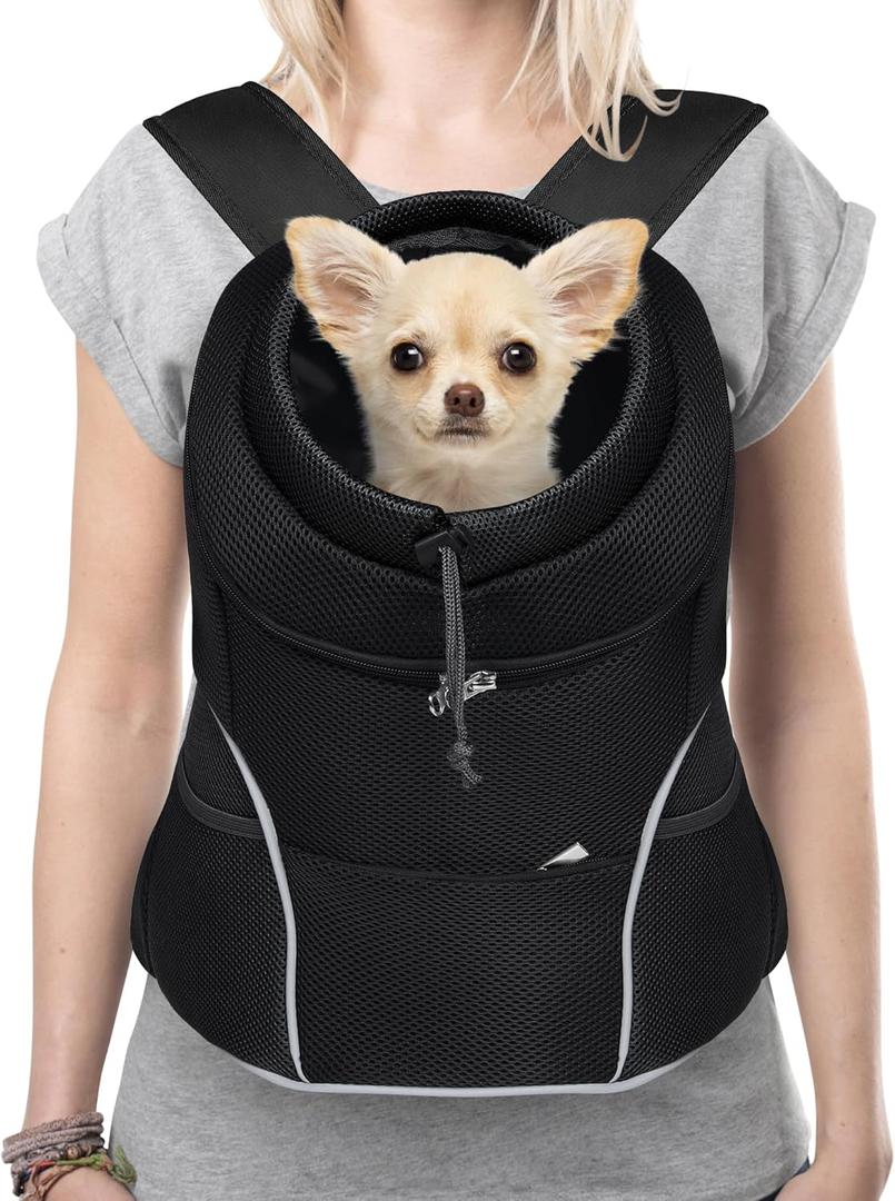YUDODO 9-14lbs Dog Front Carrier Backpack, Adjustable Breathable Pet Carrier for Small Dogs, Ventilated Puppy Back Pack with Safety Belt, Lightweight Doggy Backpack for Hiking Outdoor(Jet Black, L)
