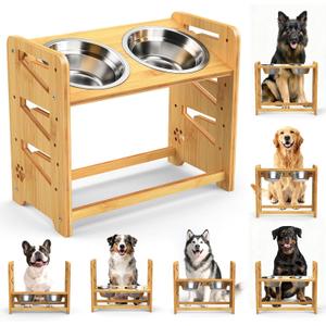 Elevated Dog Bowls, Adjustable Raised Dog Bowl Stand for Large and Medium Pet, 15" High Bamboo Pet Food Feeder with 2 Stainless Steel Dishes6 Heights