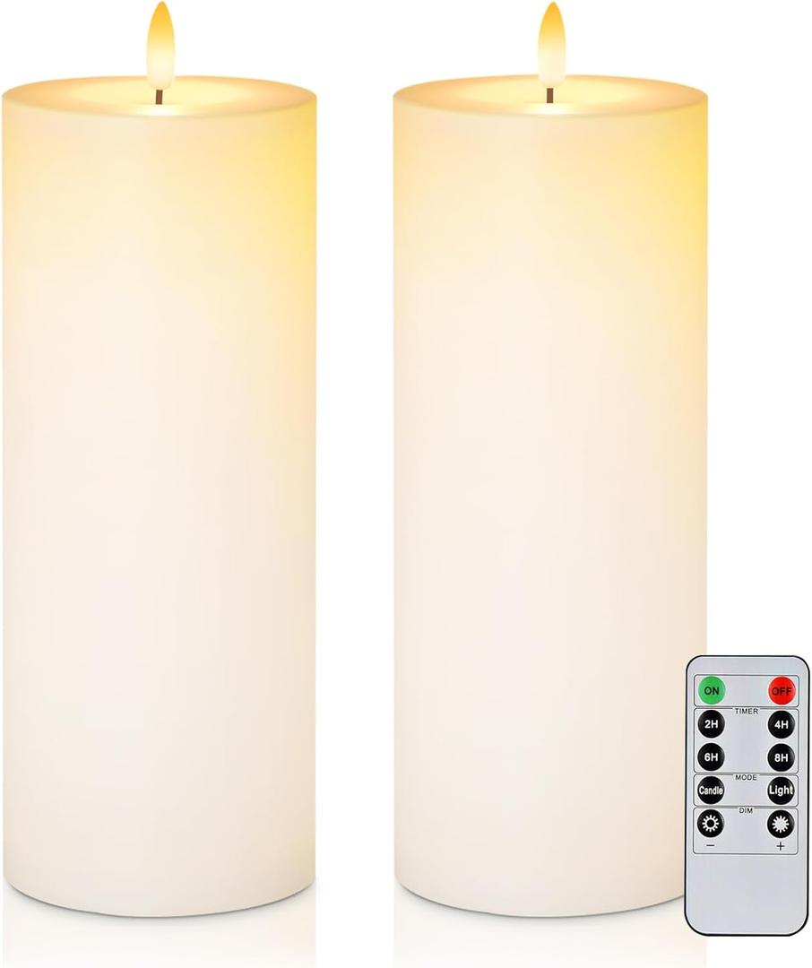 5plots 4" x 10" Waterproof Outdoor Flameless Candles Battery Operated LED Large Pillar Candles with Remote and Timer for Indoor Outdoor Lanterns, Long Lasting, White, Set of 2