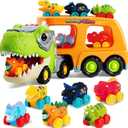 JOYIN Dinosaur Truck Toys for Kids, Kids Toys Boys Age 3 4 5, Dinosaur Car Carrier Truck Toy with 6 Rubber Car Vehicles, Toddler Birthday Gifts with Music & Lights for 3 4 5 Year Old Boys
