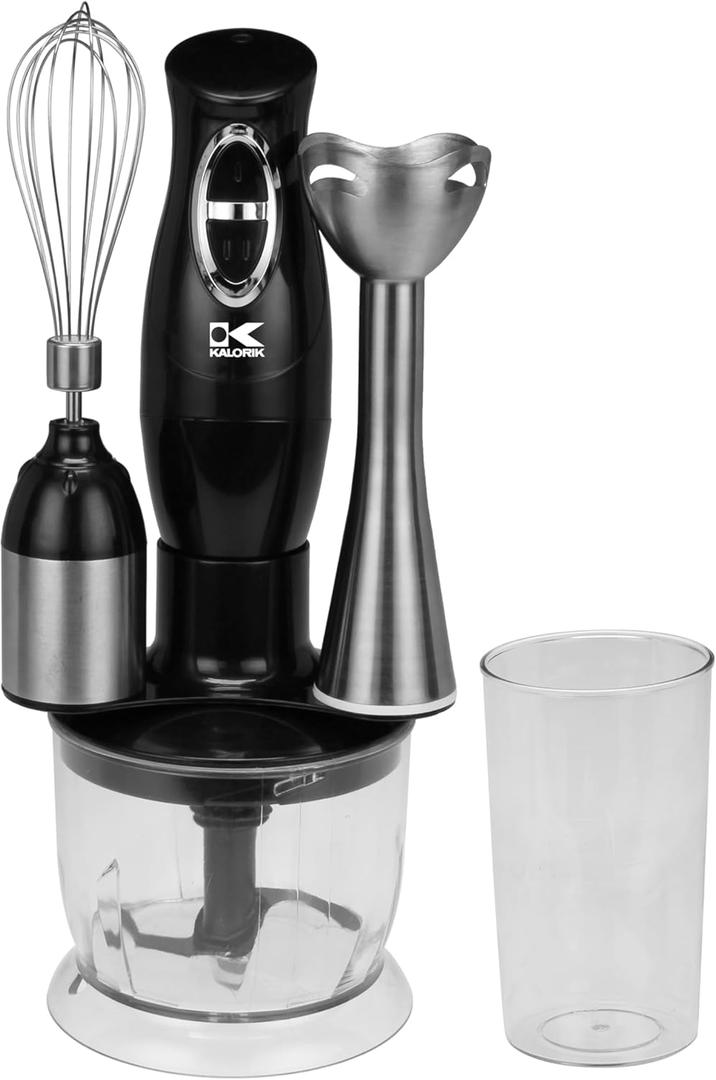 Kalorik Immersion Blender 3-in-1 Handheld Emulsion Combi Blender with Chopper Whisk and Stick Mixer Attachments Two Speed Switch and Stainless Steel Shaft and 20-Oz Mixing Cup, 200-Watts, Black