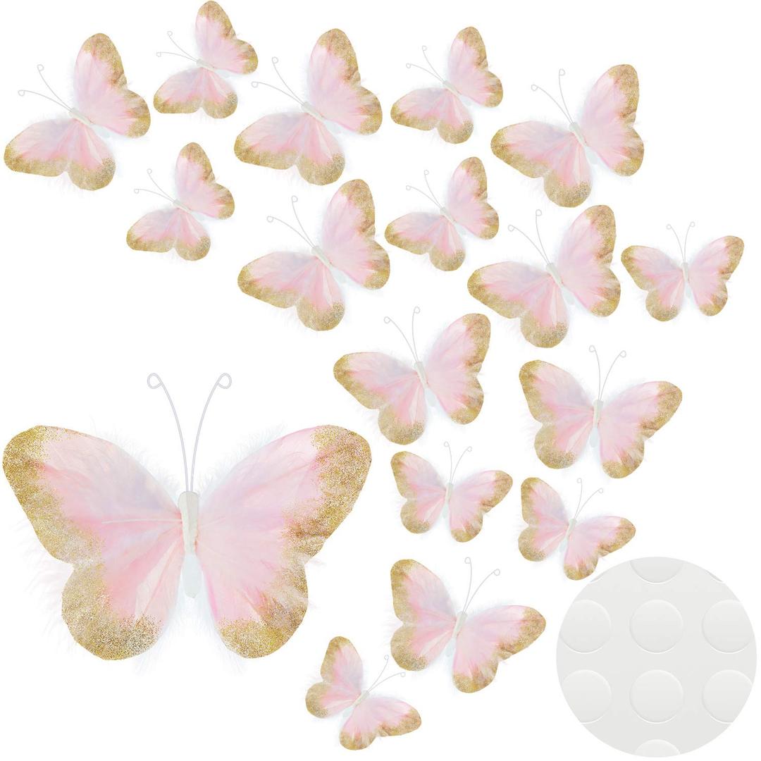 16 Pcs Feather 3D Butterfly Wall Decals Gold Glitter Butterfly Wall Art Mural Stickers Removable for Home Office Wedding Party Balloons Cake Flower Bedroom Bathroom Living Room Decor(Light Pink)