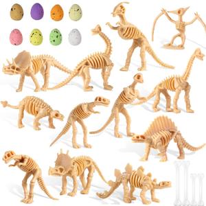 24 Pcs Dinosaur Fossil Skeleton Dino Bones Sand Dig Colorful Foam Dinosaur Eggs and 4 White Plastic Bones Toys for Kids Science Play Dino Sand Halloween Party Decor Supplies(Light Brown)