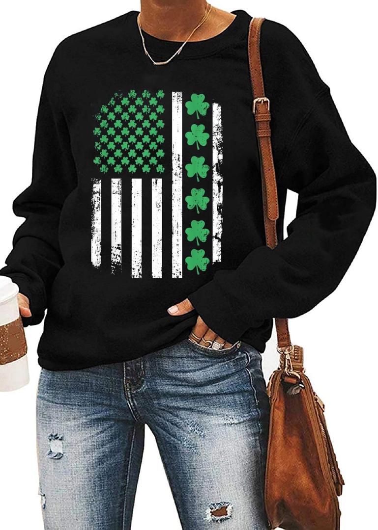 Yimoya St Patricks Day Sweatshirt Women Lucky St Patty Day Shirt Long Sleeve St Patricks Graphic Tops (Large, Flag-black)