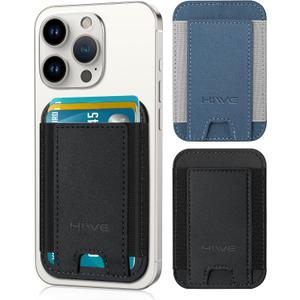 2 Pack Card Holder for Phone Case, Leather Phone Wallet Stick On, Strongest Adhesive Phones Wallet for iPhone/Android, Minimalist Slim RFID, Fit 7 Cards,Black & Blue