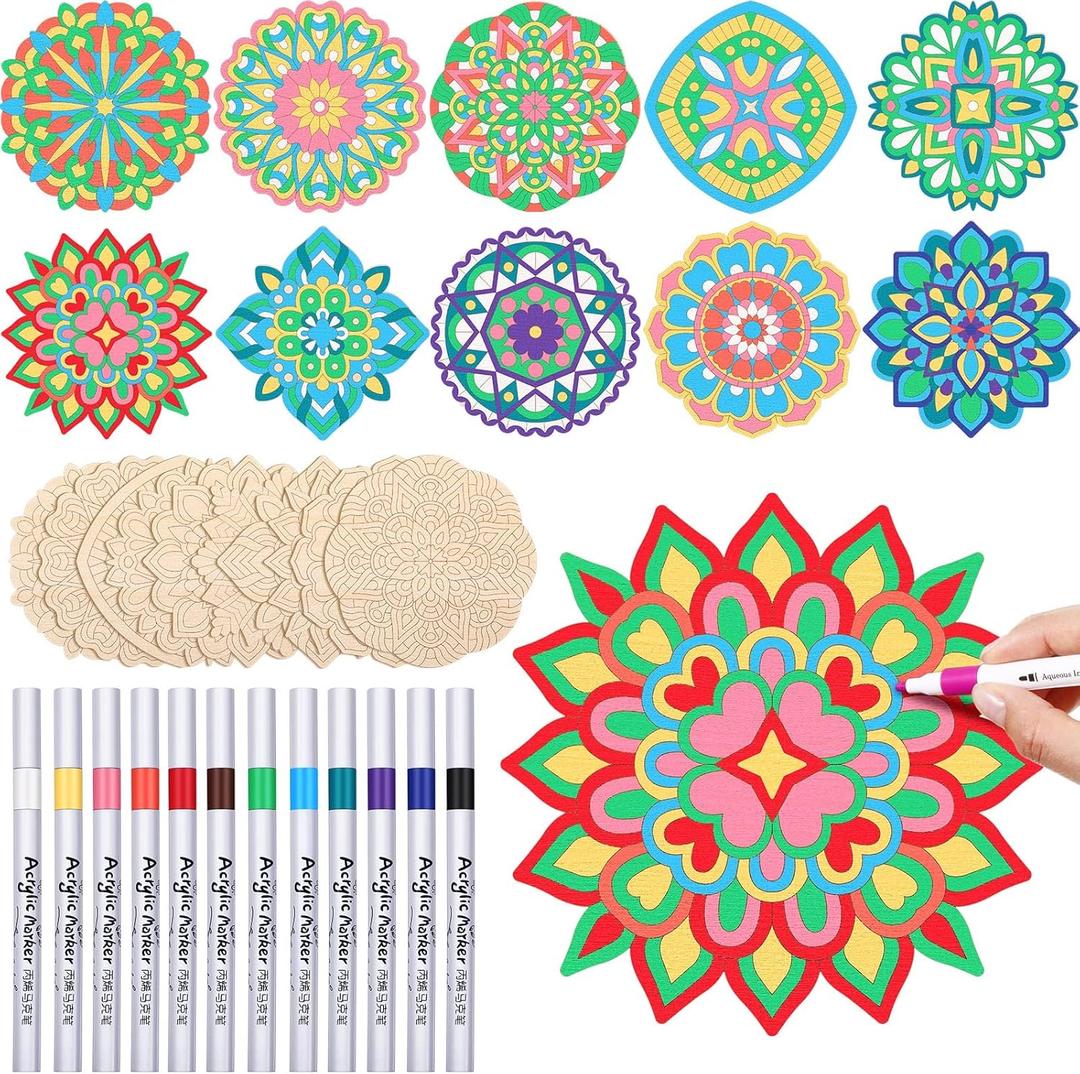 22 Pack DIY Wooden Mandala Art Set Diwali Crafts 10 Mandala Unfinished Wood Cutouts 12 Markers Lotus Flower Wood Painting Kits for Adults Painting, DIY Crafts Home Decors(Modern Style)