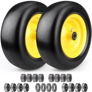 11x4.00-5'' Flat Free Lawn Mower Tires & Wheels,11x4.00-5 Lawn Mower Tires With 5/8" or 3/4" or 1/2" Precision Bearings and 3.4"-5.4" Center Hub,Solid Tire for Zero-Turn Lawn mowers,2 Pack Yellow