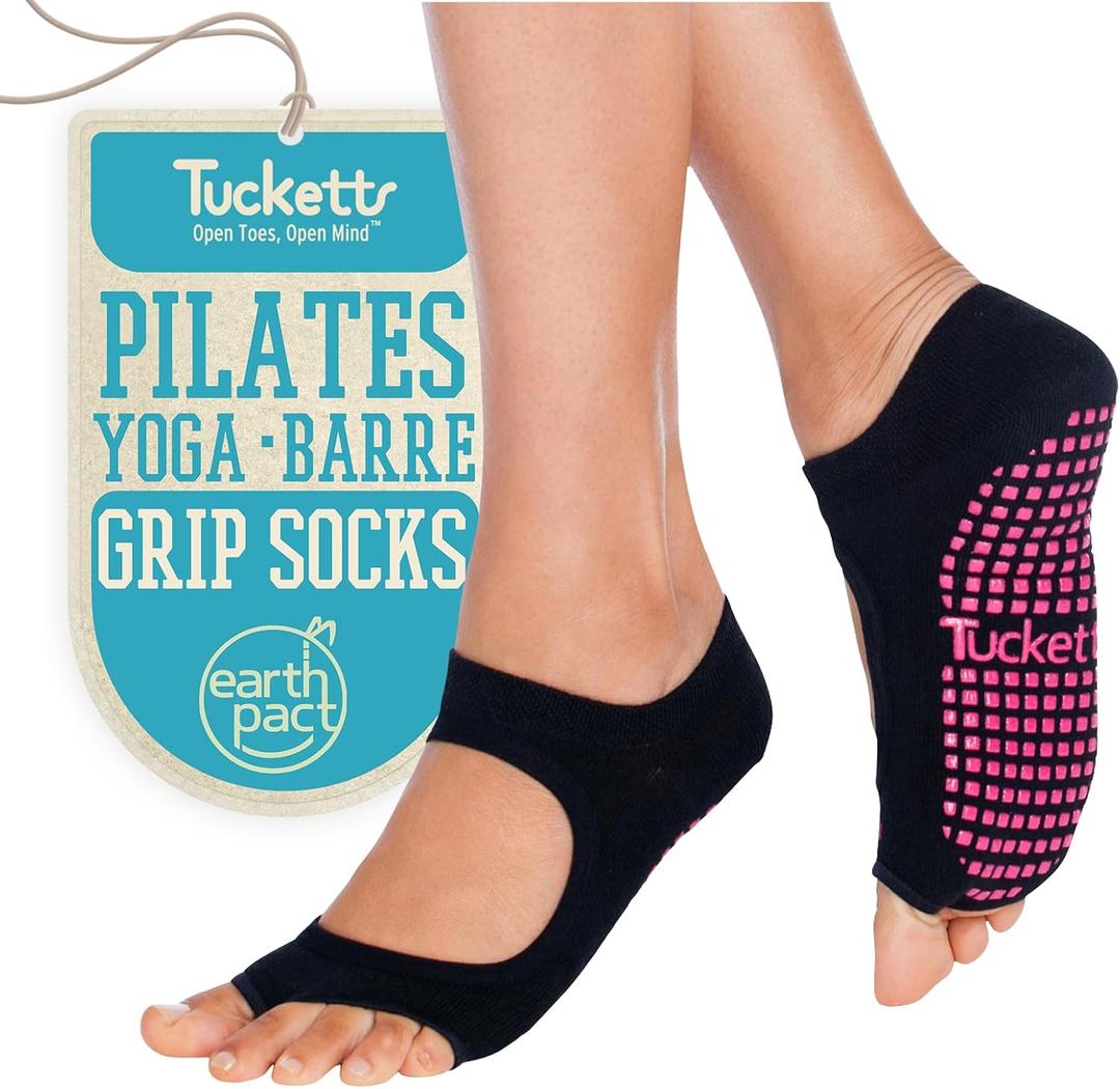 Tucketts Toeless Pilates Socks with Grips for Women, Non-Slip Yoga & Barre Socks for Stability & Barefoot Workouts, Size 6-13 (Small-Medium, Black Swan)
