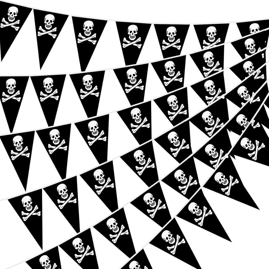 Tatuo 99 ft Pirate Banner Flag Skull Halloween Pirate Party Decorations Jolly Roger Garland Birthday Triangle Pennant Bunting Decor for Celebration Indoor Outdoor Party Supplies