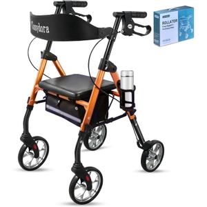 Cosydora Rollator Walkers for Seniors with Seat, 13.6 Lbs Ultra Lightweight Foldable Rolling Walker, 350Lbs Heavy Duty Aluminum, 8" All Terrain Wheels, Dual Adjustable Height, Light Orange