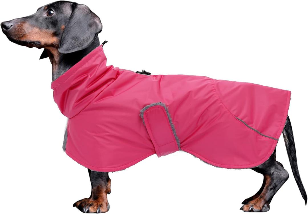 Dachshund Coats Waterproof, Perfect for Dachshunds, Sausage, Weiner Dog Winter Coat with Padded Fleece, Puppy Snowsuit with Adjustable Bands and High Vis Reflective Trim - Pink - M