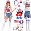 12 Pcs 4th of July Outfit Set for Women Patriotic American T-shirt Jeans Cap Headband Earrings Necklace Bracelet Stockings Sunglasses Hairband Hand Flag Beads Set for Independence Day