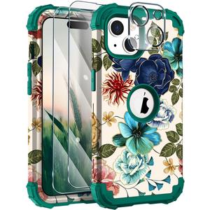 Hocase for iPhone 15 Plus Case, with 2pcs Screen Protectors and 1pc Camera Protector, Shockproof Heavy Duty Soft Silicone+Hard PC Hybrid Protective Case - Teal Flowers