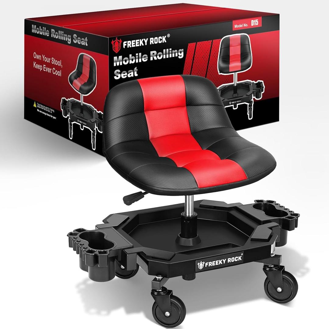 Rolling Stool with Wheels, Adjustable Height Pneumatic Garage Work Mechanic Stool Seat with Backrest, 400 LBS Capacity 360 Swivel Mechanic Crepper Chair with Tool Tray Storage, Red