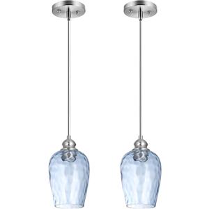 Glass Pendant Lights Kitchen Island, Blue Pendant Light Fixtures with Hand-Blown Clear Glass, Modern Hanging Light for Kitchen Sink Dining Room Bedroom, E26 (Blue, 2pack)