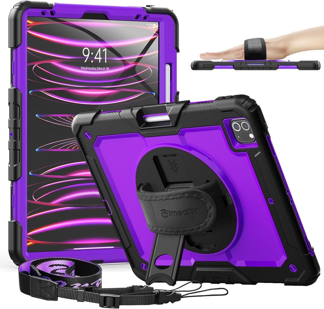 Timecity iPad Pro 12.9 Case 6th/5th/4th/3rd Gen, 360 Rotating Stand, Pencil Holder & Wireless Charging, Shockproof with Screen Protector & Shoulder Strap - for Designers & Professionals - Purple