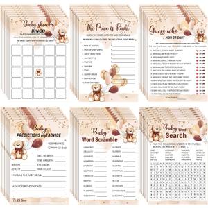 Jetec 302 Pcs Bear Baby Shower Games Set 6 Games Include Baby Shower Word Scramble Word Search Predictions and Advice the Price is Right Guess Mom or Dad(Brown Bear)
