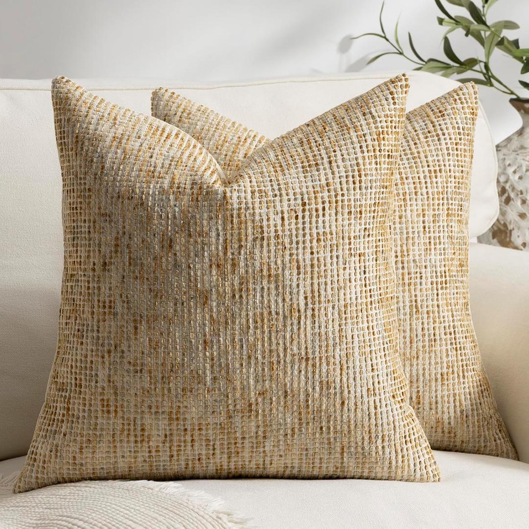 Pack of 2 Neutral Throw Pillow Covers 20x20 Boho Textured Dots Stripe Chenille Square Decorative Pillow Cases Accents for Living Room Couch Bed Farmhouse Home Decor, Sudan Brown