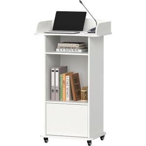 Portable Podium Stand with 4 Metal Wheels, Mobile Lectern Stand with Storage for Church Classroom Restaurant Reception Office Presentation, Wooden Pulpit Desk for Hostess Teacher (White)