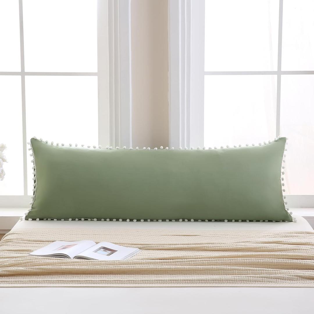 Avocado Green Body Pillow Cover 20x54 Body Pillow Cover Cute White Pom Poms Fringe Design Boho Chic Decor Long Pillow Case Cover with Pocket Closure (54" x 20" (Pack of 1))