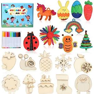 Worgree DIY Wooden Magnets, 36 pcs Wooden Art Craft Supplies Painting Kit for Kids Party Favors for Boys Girls Ages 4-8 8-12 Birthday Easter Crafts Gifts Toys Basket Goodie Bag Stuffers, 2 Pack