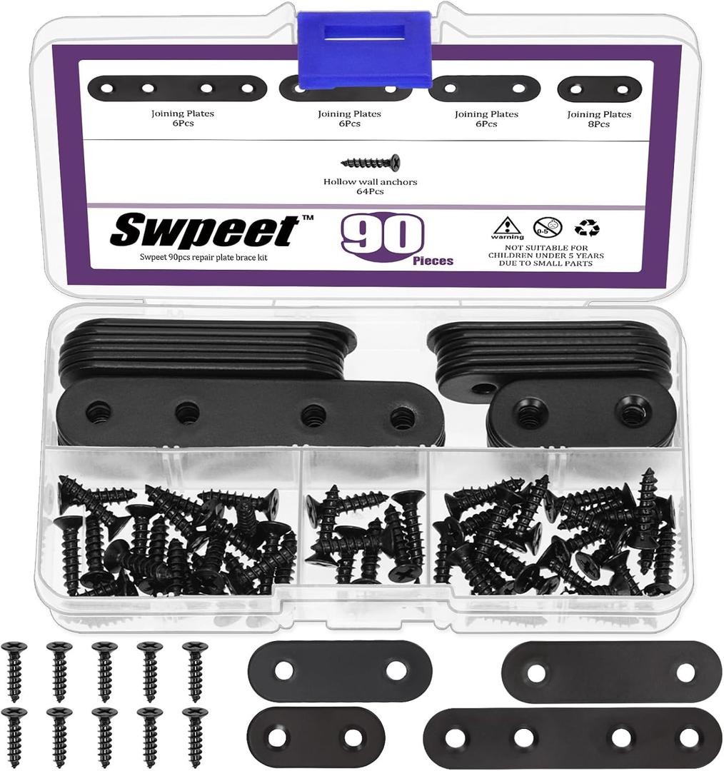Swpeet 26Pcs 4 Sizes 77mm/57mm/47mm/37mm Stainless Steel Black Straight Corner Braces Sturdy Metal Brackets Mending Repair Plate Kit with 64Pcs Screws for Wooden Frame Bed Furniture Bookshelf