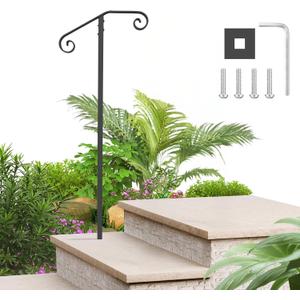 handrails for Outdoor Steps Single Post Handrails for Outdoor Steps Wrought Iron Single Post Handrail, Ground Long Post Fits 1 or 2 Steps Grab Rail Single Post Railing (1pcs Black)