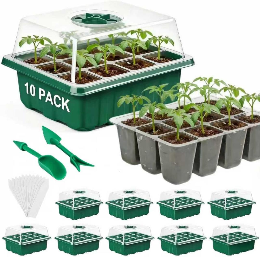 10 Pcks Seed Starter Tray 120 Cells Seed Starter Kit with Humidity Dome, Seed StartingTrays for Seed Seedling Planting Starter, Mini Greenhouse Plant Germination TraysGreen