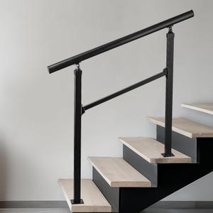 Handrails for Outdoor Stairs,3-4 Step Hand Rails for Outdoor Steps, Reinforced Wrought Iron Railing, Black Exterior Hand Railing for Porch, Deck, or Indoor Stairs