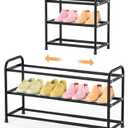 Expandable 3 Tier Shoe Rack for Closet Floor, 16"-30" Adjustable Small Shoe Organizer for Entryway, Front Door & Dorm, Space Saving Metal Shoe Shelf for Small Spaces, Black