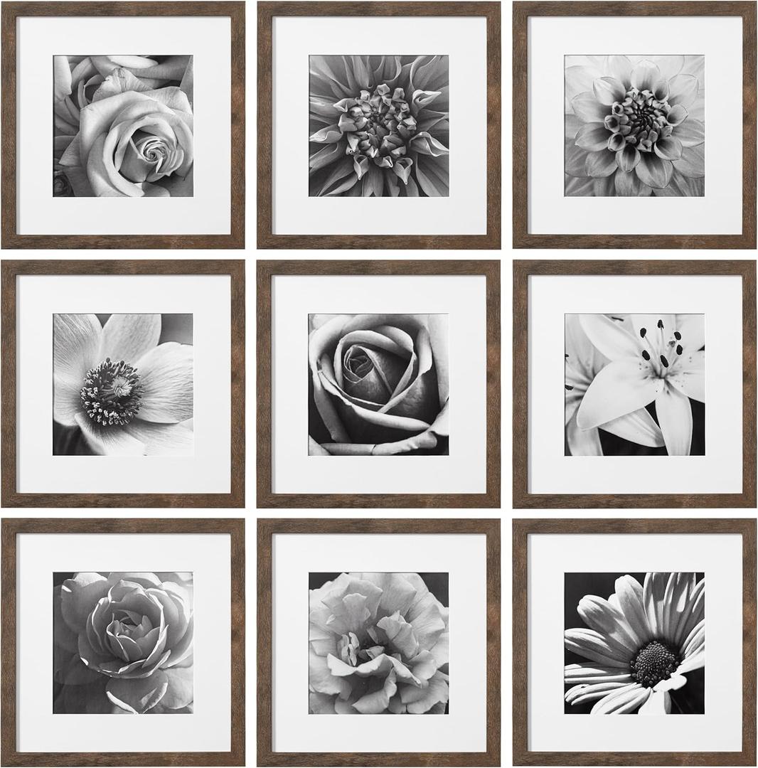 eletecpro 12x12 Picture Frames Set of 9 with Mat for 8x8 Photos or without Mat for 12x12, Square Gallery Wall Decor Collage for Picture Display, Weathering Brown Frame Set for Wall Hanging