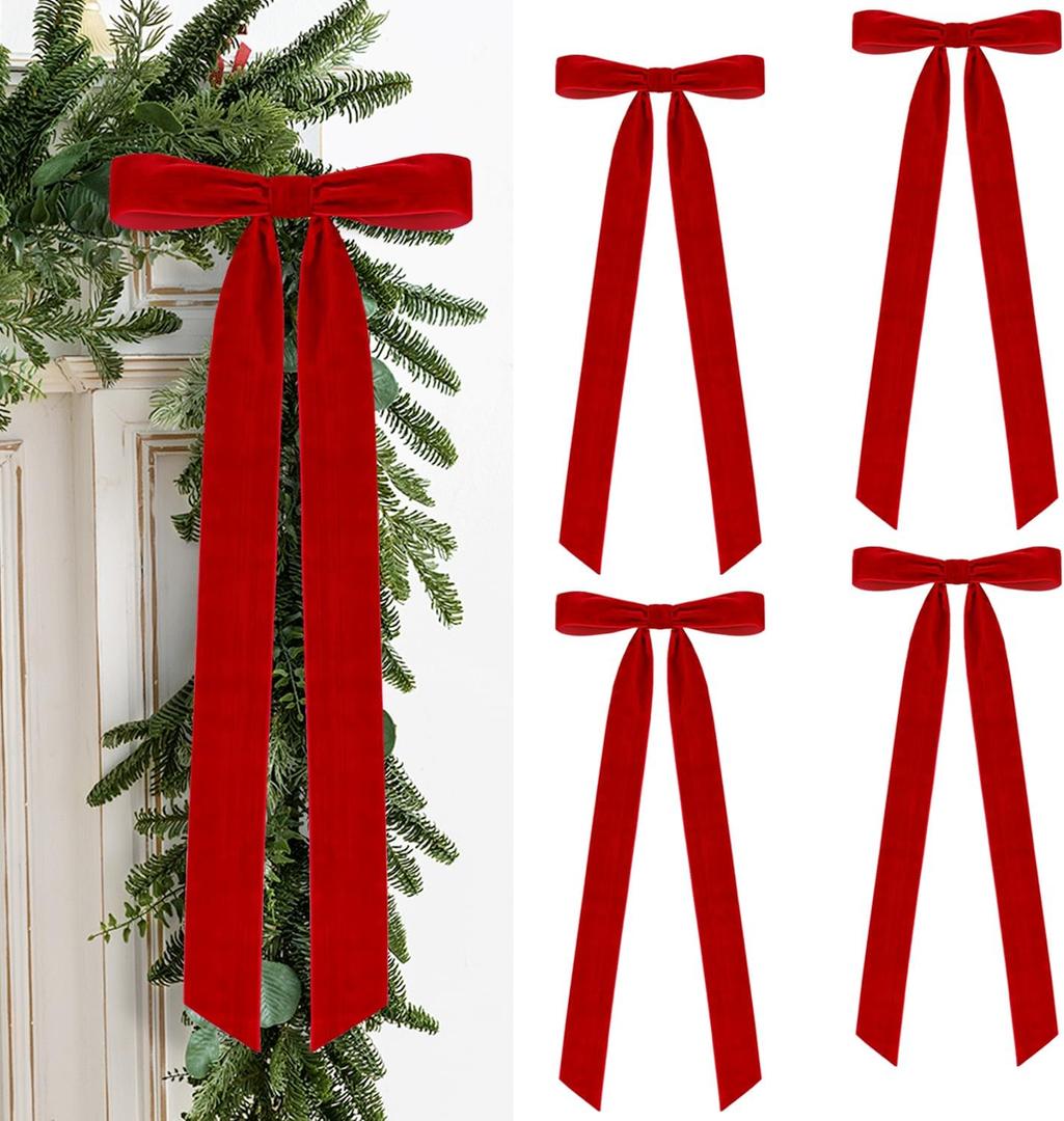 4 Pcs Rustic Large Velvet Bows Christmas Decorations - 23.6 x 8.66 Inch Vintage Ribbon Bow for Xmas Tree Topper Wreath Garland Fireplace Mantel Staircase Wedding Home Decor (4, Red)