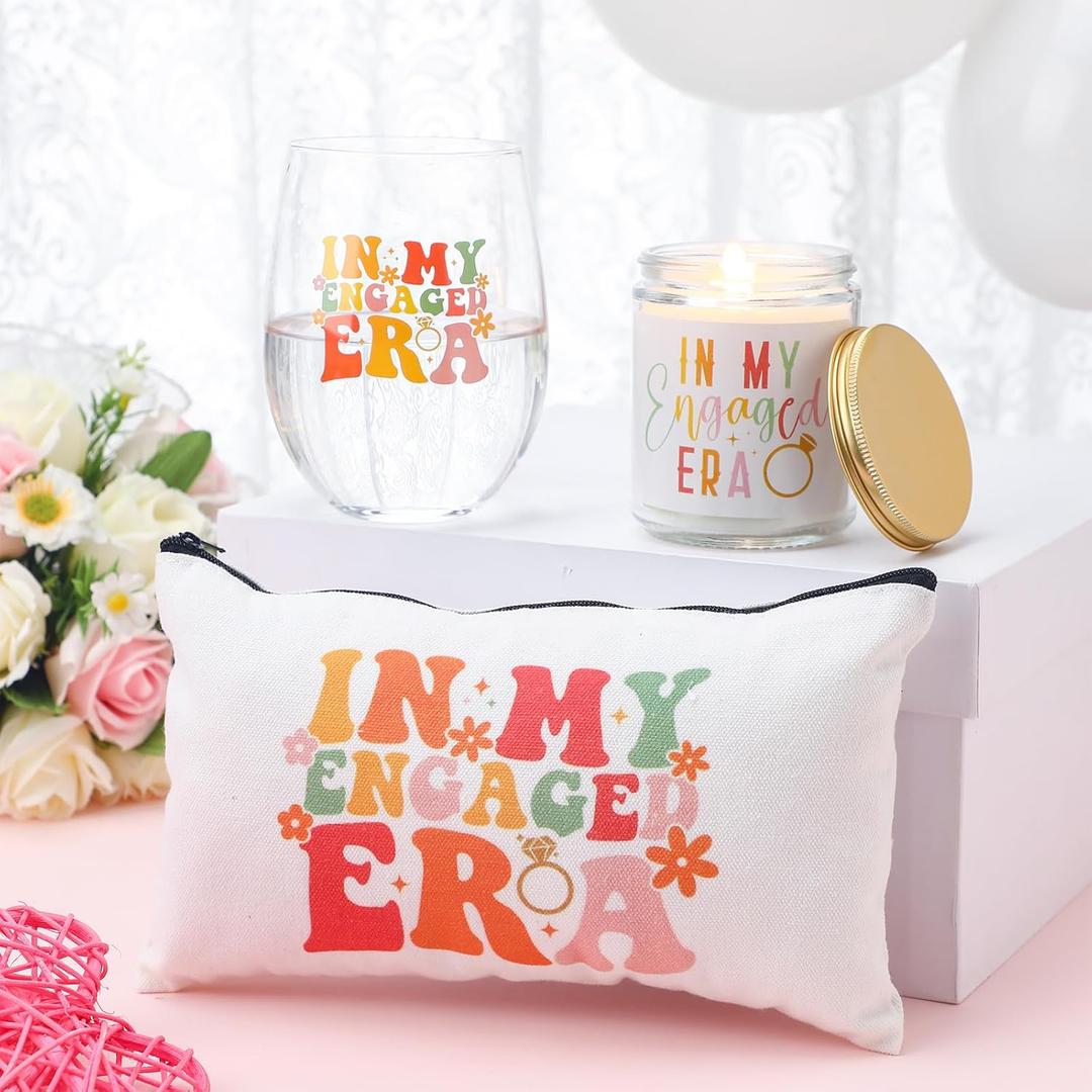 3 Piece Engaged Gift Set Engaged Wine Glass Canvas Makeup Bag Theme Candle with Jar for Wedding Party Engagement Gifts for Couple Bachelorette Women