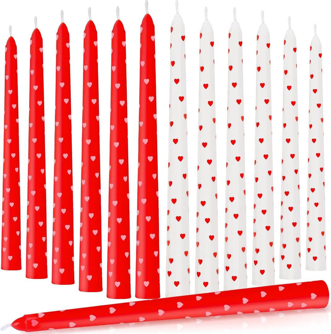 12 Pcs Valentine Taper Candles 10 Inch Tall Unscented Heart Candles Stick Valentine Gifts Holiday Decor for Dinner, Party, Wedding, Anniversary(White, Pink,Purple, Red)