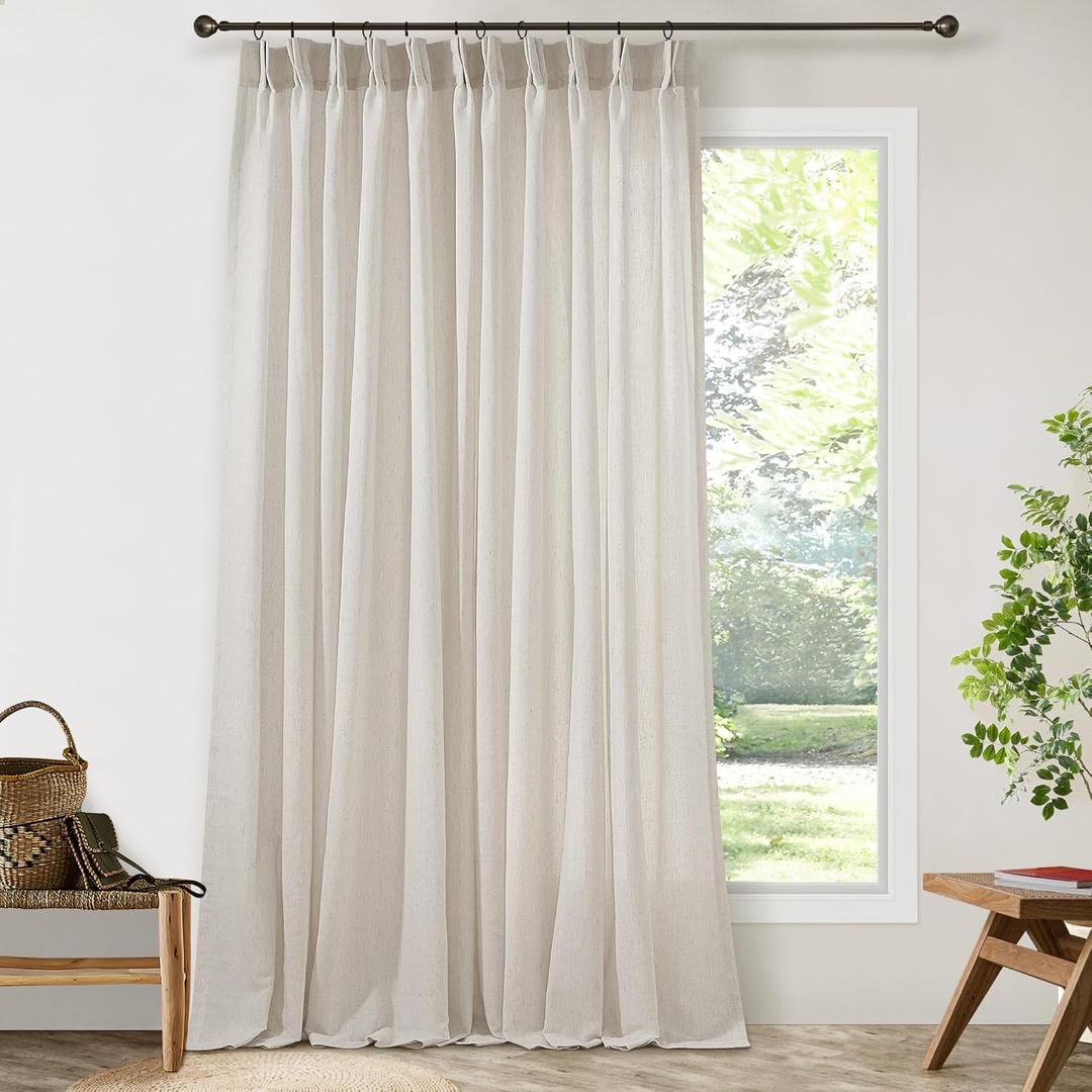 Extra Wide Pinch Pleated Linen Curtains 102 Inch Length for Living Room Light Filtering Semi Sheer Window Drape with Hooks Rings Back Tab 100 Wide 102 Inch Long for Patio Glass Sliding Door (Oatmeal)
