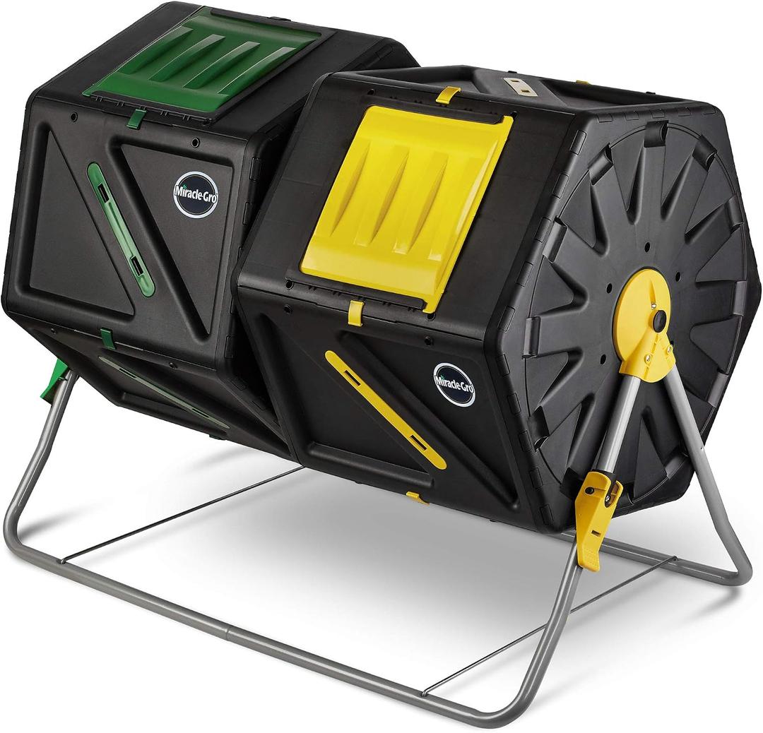 Miracle-Gro Large Dual Chamber Compost Tumbler, 55.4 Gallons Easy-Turn, Fast-Working System All-Season, Heavy-Duty, High Volume Composter with 2 Sliding Doors (2 x 27.7 gallons)