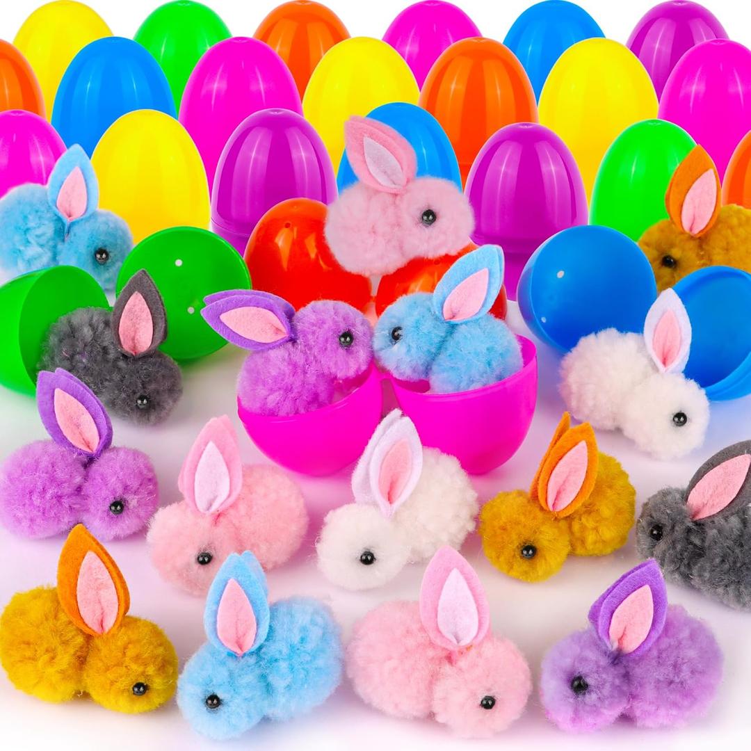 24 Pack Easter Egg Fillers with Easter Bunny Plush Easter Eggs with Toys Inside, Mini Easter Stuffed Animals Easter Eggs Hunts Party Favors Easter Basket Stuffers for Kids Toddler Teens Boys Girls