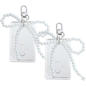 2 Sets Photocard Holder Keychain with Pearl Bow, Keychain Badge Holder Cute Photocard Holders, Lightweight Acrylic Bus Card Holders Badge ID Cards Kpop Accessories
