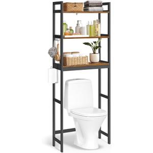 SONGMICS Over-The-Toilet Storage, 3-Tier Bathroom Organizer Over Toilet with Adjustable Shelves, Hooks, Bamboo, Freestanding Space Saver Bathroom Shelves, Rustic Brown and Ink Black UBTS012B01