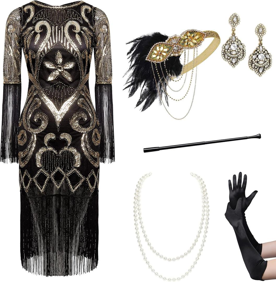 BABEYOND 1920s Flapper Dress Set Long Fringe Gatsby Dress Roaring 20s Sequin Beaded Dress Vintage Art Deco Dress (Small)