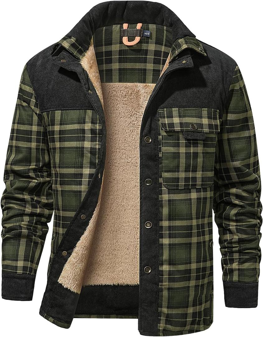 PEHMEA Men's Flannel Shirt Jacket Plaid Sherpa Lined, Warm Fleece Coat for Fall Winter Outdoor (Medium, Army Green)