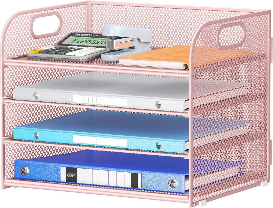 4-Tier Paper Organizer for Desk With Handle, Mesh Desktop File Tray, Office Classroom Organization and Storage - Pink