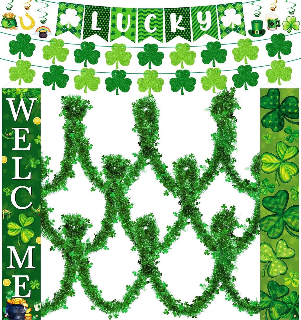 Tegeme St. Patrick's Day Decorations Lucky Porch Sign Banners Hanging 16.4 ft St. Patrick's Day Tinsel Garland Decorations Irish Shamrock Porch Signs Hanging Door Decor for Home Outdoor Party