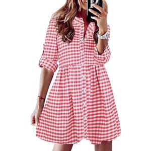FANCYINN Women's Gingham Stand Collar Shirt Dress Button Down Casual Long Sleeve Tie Sleeves Mini Plaid Shirt Dresses, Size XL