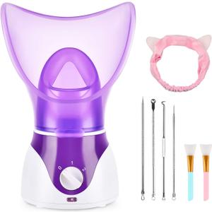 Facial Steamer for Face, Face Steamer for Facial Deep Cleaning, Nano Ionic Facial Steamer for Unclogs Pores, Hydrating (Purple, Include Blackhead Remover Kit, Brush, Headband)