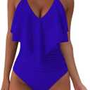 SUUKSESS Women Slimming Ruffle One Piece Swimsuits Ruched Tummy Control Bathing Suits (Large, #1 Royal Blue)