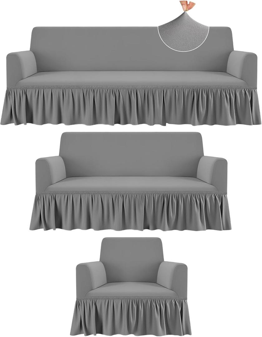 3 Pcs Sofa Slipcover Set for Couch Cushion Durable Washable High Elastic Stretchable Furniture Couch Covers with Skirt for Sofa Loveseat Arm Chair (Gray, Milk Silk) 