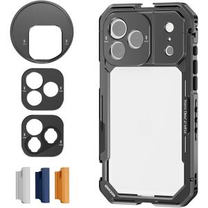 NEEWER Phone Cage Compatible with iPhone 17 Pro Max, Quick Release Video Rig Stabilizer Accessories with 67mm Filter Ring, 17mm Lens Backplate, T Mount Adapter, 4X Camera Control Cap, PA144 (Black)