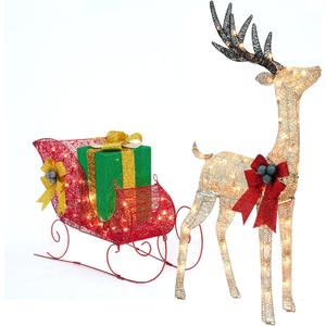 FUNNGO Lighted Reindeer and Sleigh Outdoor Set - 120 LED Lights Christmas Deer Sleigh with Gift Box Decorations for Patio, Garden, Lawn, Yard FUNNGO Lighted Reindeer and Sleigh Outdoor Set - 120 LED Lights Christmas Deer Sleigh with Gift Box Decorations for Patio, Garden, Lawn, Yard