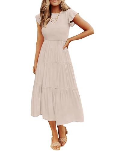 ZESICA Women's 2025 Summer Casual Flutter Short Sleeve Crew Neck Smocked Elastic Waist Tiered Midi Dress,Apricot,Medium